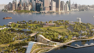 an artistic rendering of a sweeping campus on an islend outside of New York City
