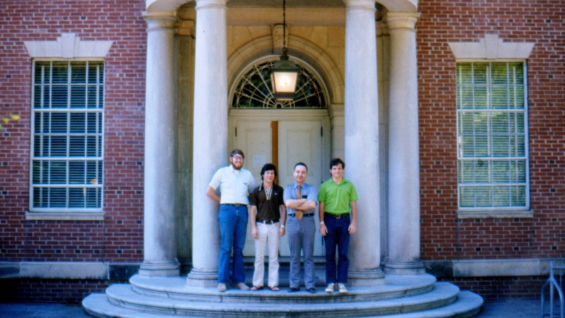 Senol Utku, third from left, stands with students in front of Duke's Hudson Hall in 1974