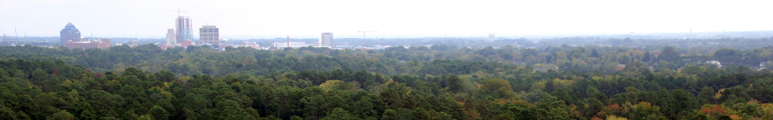 aerial view of Duke Forest and Durham skyline