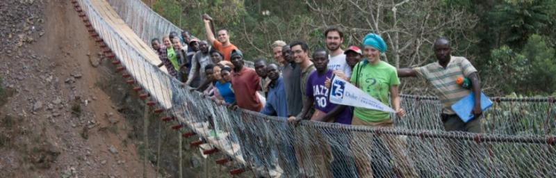 Duke students designed a pedestrian bridge that they built with community partners in Rwanda. Photo courtesy of Duke Engineers for International Development. 