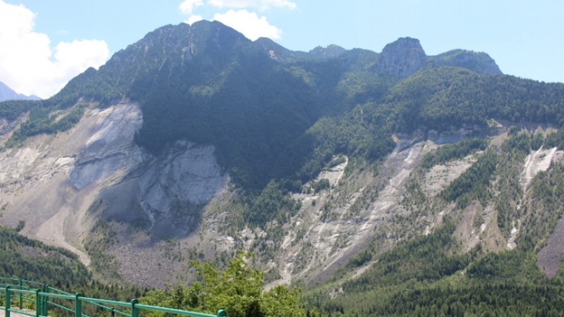 mountainside with trees and rocky cliff faces