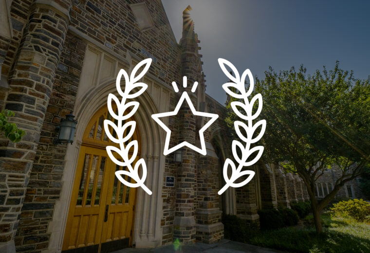 star icon and laurel wreath icon over image of Collegiate Gothic building