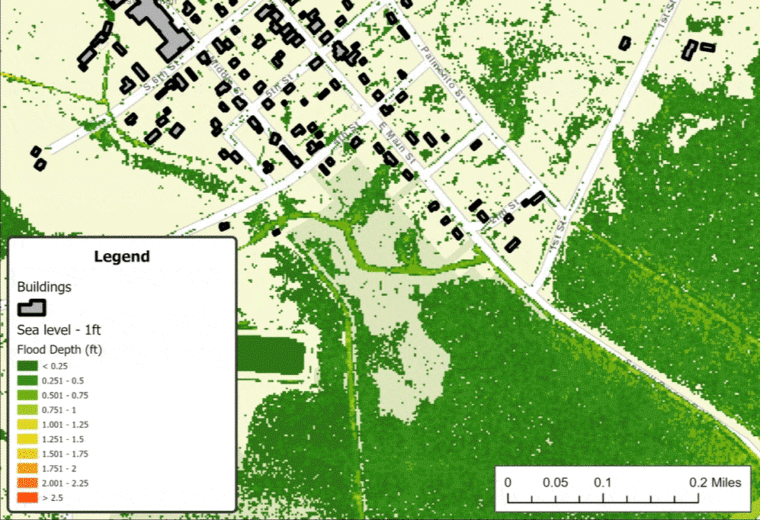 moving gif of a town map that shows levels of flooding